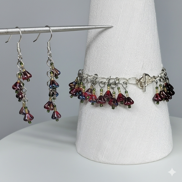Hand Crafted Jewelry - Bracelet 6.75" Beaded Charm Earrings Set Handmade Red Czech Glass Flower Dangle